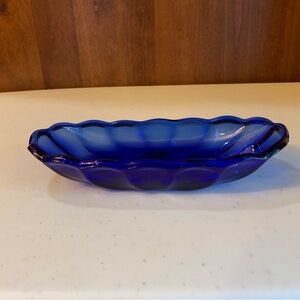 Anchor Hocking Cobalt Blue Glass Banana Split Candy Relish Bowl 8”X4”